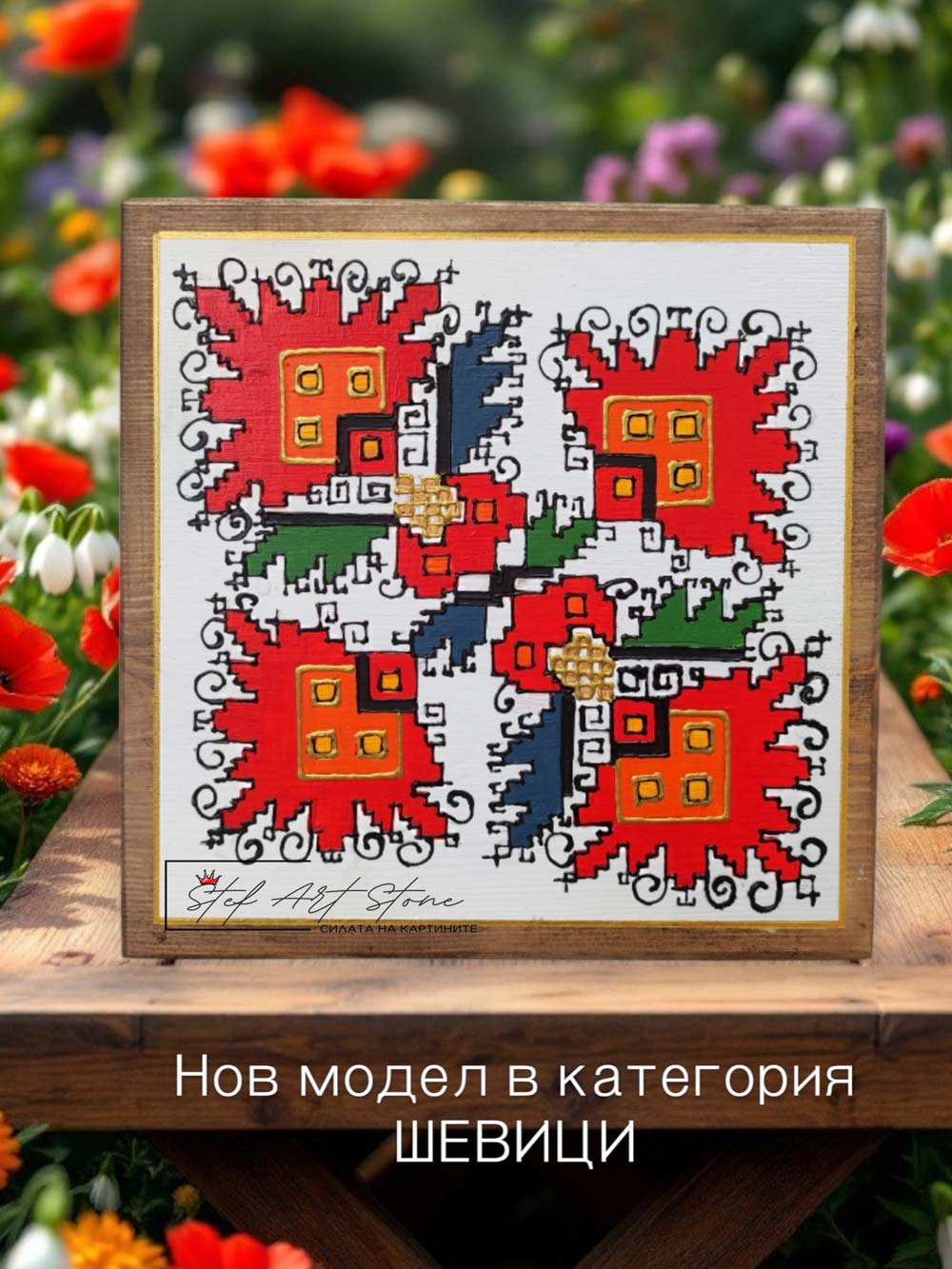 Близък план на цветовете в авторска картина с шевица