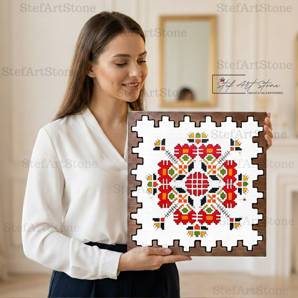 Картина с българска шевица Елбетица слънчев кръст от StefArt Stone