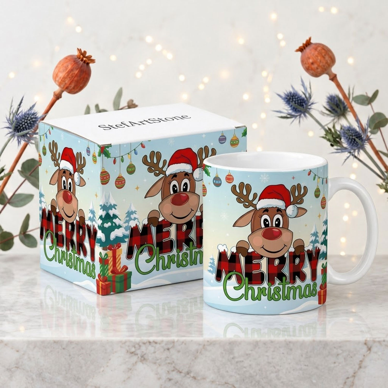 Коледна чаша Merry Christmas с еленче и тематична кутия