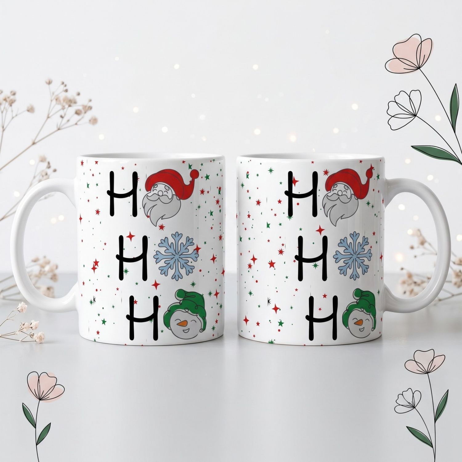 Два изгледа на една коледна чаша HO HO HO с Дядо Коледа, снежинка и снежен човек