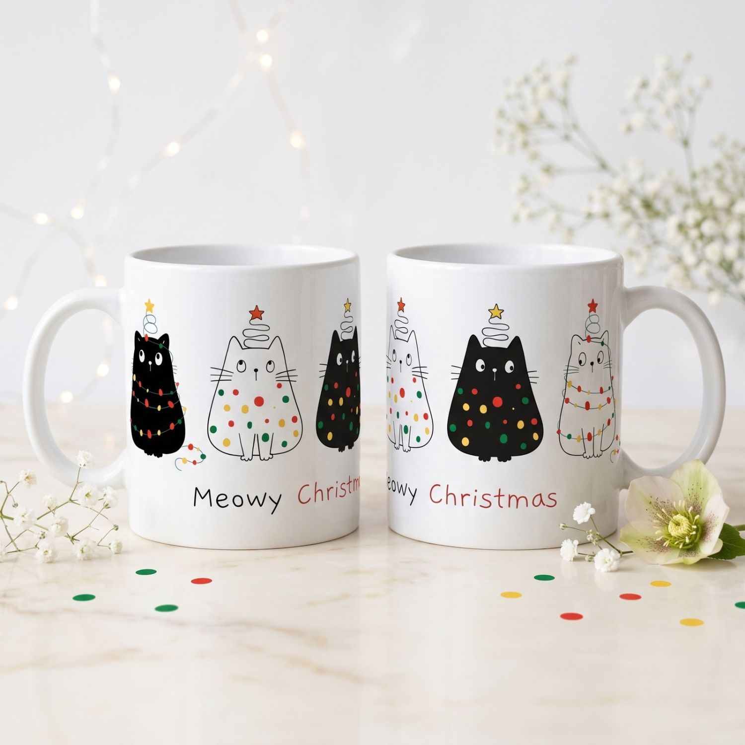 Два изгледа на една коледна чаша с котки, цветни светлинки и надпис Meowy Christmas