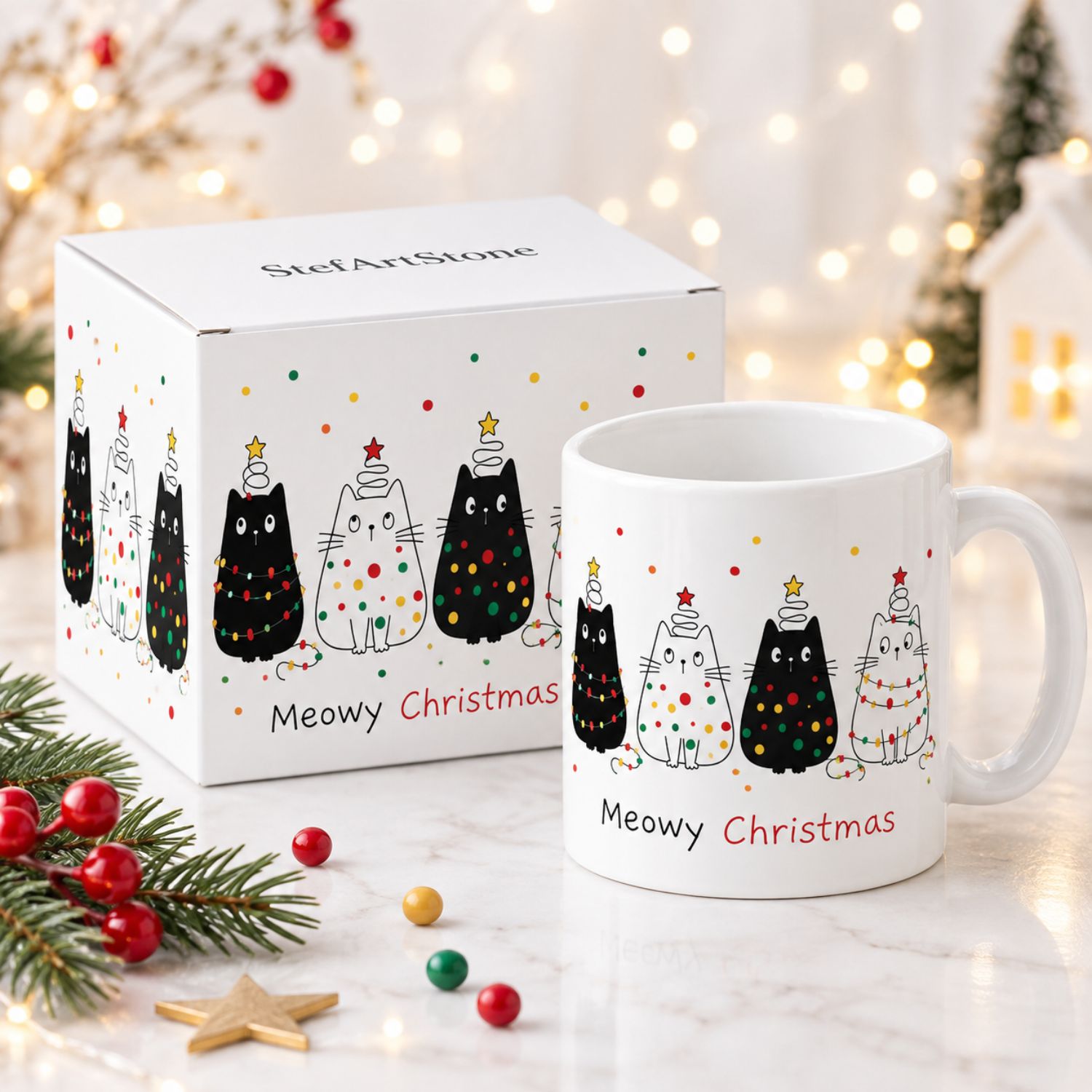 Коледна керамична чаша 330 мл с котки и надпис Meowy Christmas до тематична кутия