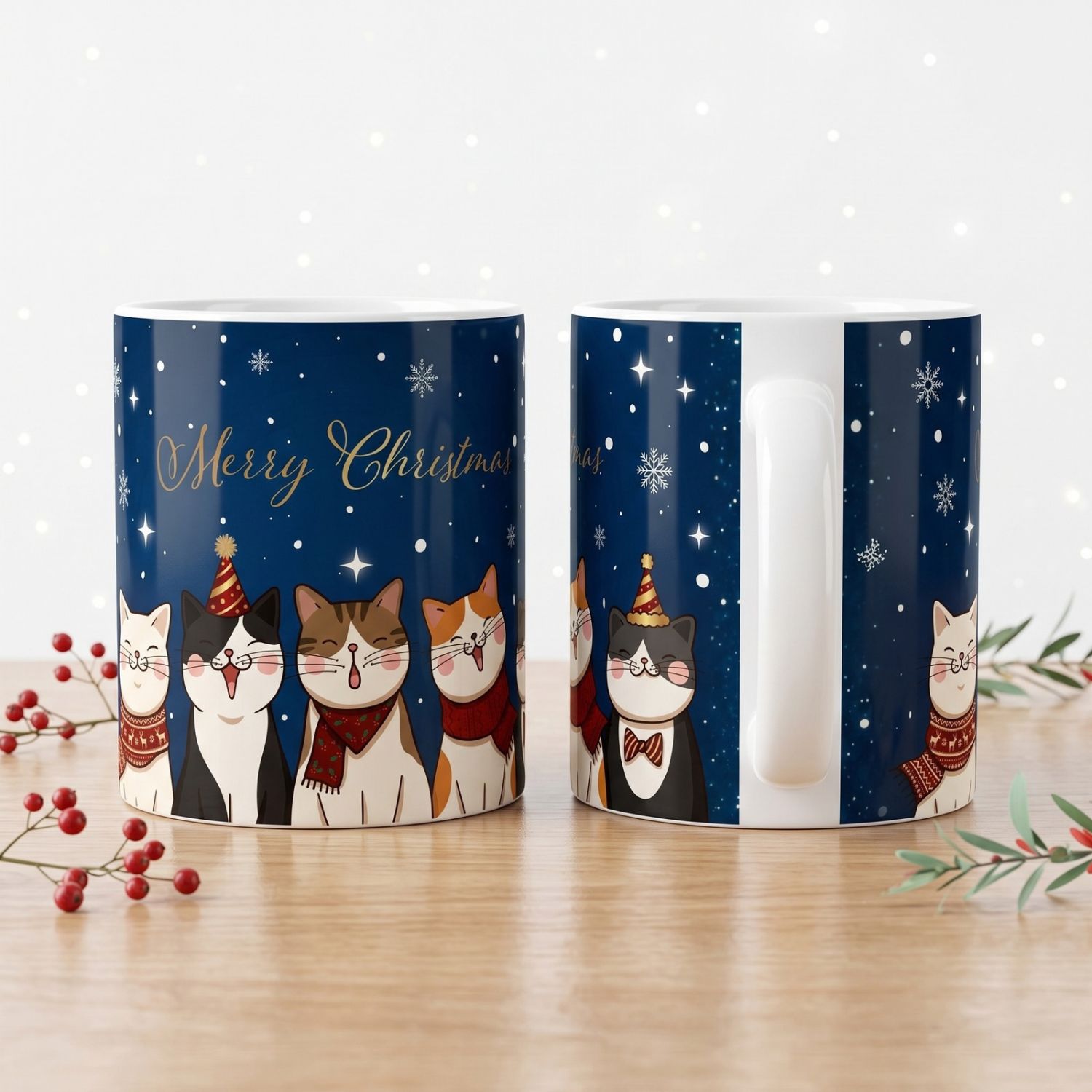 Два изгледа на една коледна чаша с котки, снежинки и надпис Merry Christmas