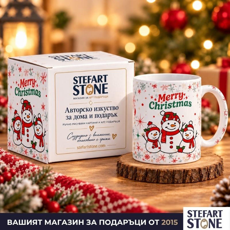 Коледна чаша Весели снежни човечета с тематична подаръчна кутия StefArt Stone