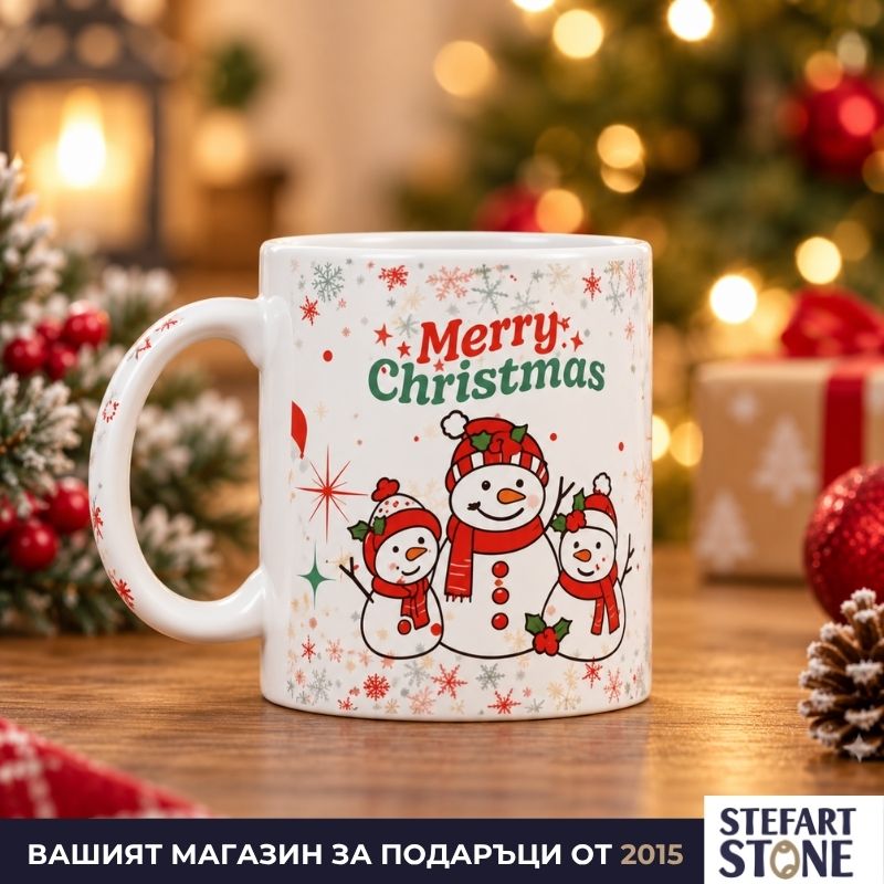 Коледна чаша Весели снежни човечета с надпис Merry Christmas