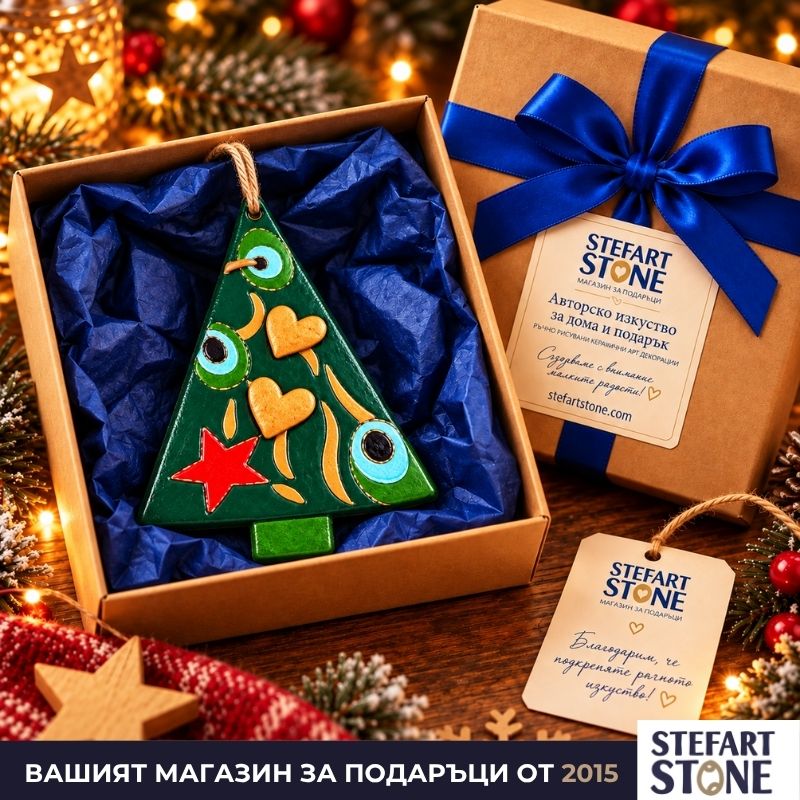 Коледна подаръчна опаковка StefArt Stone с панделка и брандов етикет