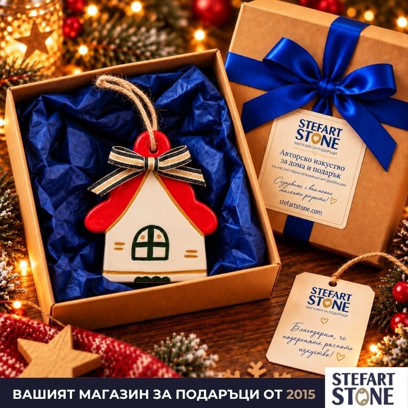 Червена коледна играчка за елха в подаръчна крафт кутия StefArt Stone подаръчна опаковка StefArt Stone с панделка