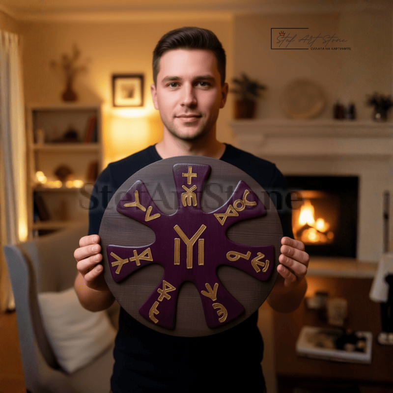 Ръчно рисувана картина Розетата от Плиска на дърво - авторско изкуство StefArt Stone