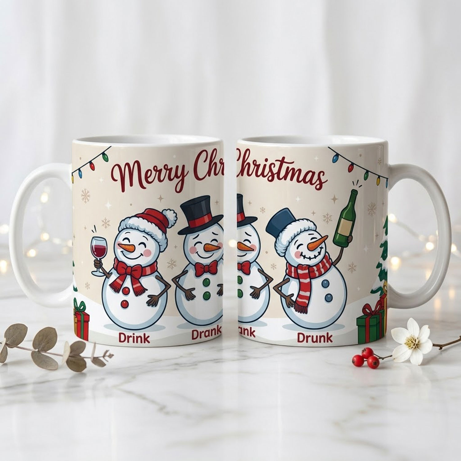 Два изгледа на една коледна чаша със снежни човеци и надписи Merry Christmas и Drink Drank Drunk