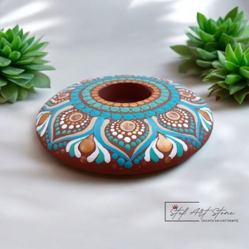 РЪЧНО РИСУВАН СВЕЩНИК МАНДАЛА арт декорация лят камък $14$ см синьо златно