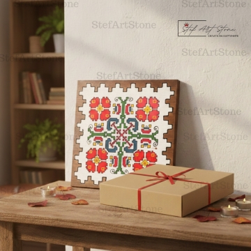 Готов подарък в кутия: Дървена картина с цветна шевица