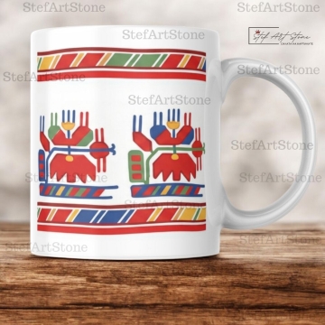 Бяла чаша с червени и сини фолклорни мотиви