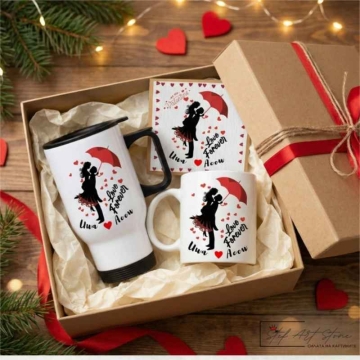 Персонализиран Подаръчен Комплект за Влюбени "Love Forever" – Термо Чаша, Керамична Чаша и Картичка