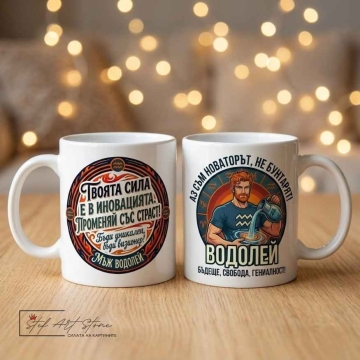 Чаша за мъж Водолей с мотивиращ надпис за иновация