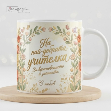 Чаша за подарък за най-добрата учителка с флорален дизайн и подаръчна кутия