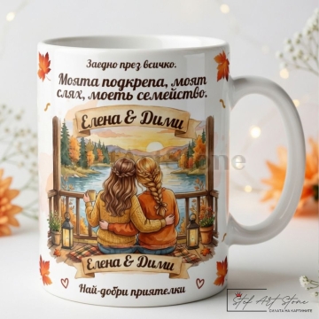 Персонализирана чаша за подарък с имена на приятелки, уютни есенни мотиви с езеро и емоционално послание за приятелството