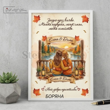 Персонализиран постер за подарък в бяла рамка с илюстрация на две приятелки, есенни мотиви и надпис Заедно през всичко