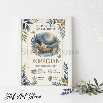 Персонализирана Рамка Постер "Малък Юнак в Лодка" | Бебешка Визитка за Момче