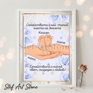 Персонализиран постер за подарък в бяла рамка с илюстрация на родителски ръце държащи бебешки крачета на светлосин фон със сини рози, звездички и имена Калоян мама тате