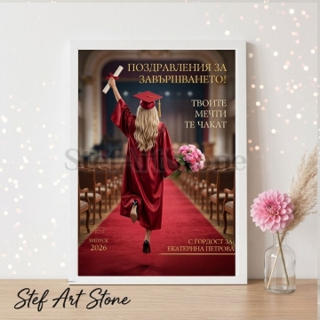 : Персонализиран постер за подарък за дипломиране в бяла рамка с кинематографична илюстрация на момиче в червена абсолвентска тога на червен килим и надписи Поздравления за завършването Екатерина Петрова
