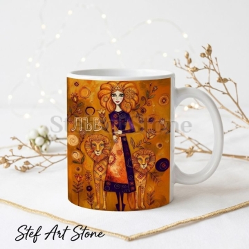 Художествена керамична чаша зодия Лъв – богиня с корона и два лъва в златна палитра, серия Богини на Зодиака, StefArt Stone