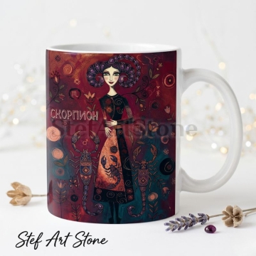 Художествена керамична чаша зодия Скорпион – мистична богиня с лилава коса и два скорпиона в наситена бордо-червена палитра, серия Богини на Зодиака, StefArt Stone