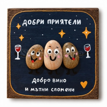 Забавен подарък за приятели „Добро вино и мътни спомени“ – рисувана картина 20×20 см