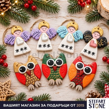 Комплект 7 коледни орнамента от глина – 4 ангелчета и 3 бухала