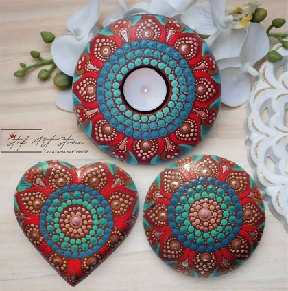 Сет 3 части  с мандали, цвещник за чаена свещ, рисуван камък, сърце - рисуван камък