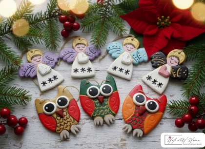 Комплект ръчно рисувани КОЛЕДНА ДЕКОРАЦИЯ - ИГРАЧКИ ЗА ЕЛХА керамика ангелчета бухали разноцветни