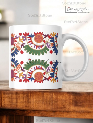 Керамична Чаша с Българска Шевица "Слънчева Спирала" – Възроден Автентичен Мотив