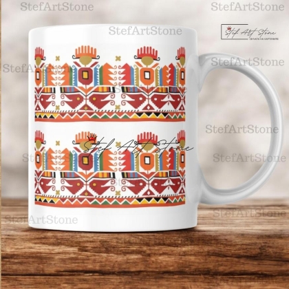 Керамична Чаша с Шевица от Дупница  "Слънчеви Птици" – Чаши с български шевици