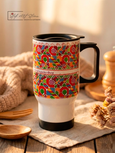 Термо Чаша с Българска Шевица „Здраве, Закрила и Благоденствие“ – 500 мл с Дръжка