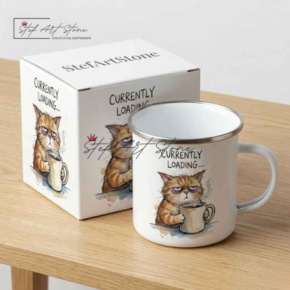 Метално Канче "Currently Loading..." – Сънено Коте  Забавен Подарък