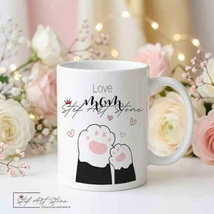 Керамична Чаша "Love Mom" – Котешки Лапички (Подарък за Мама и 8-ми Март