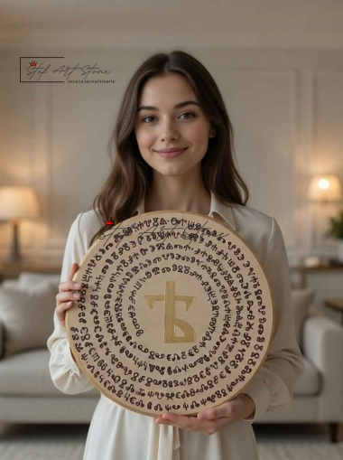 Детайлен поглед върху спираловиден надпис на Глаголица и буква ЯТ върху дървена основа