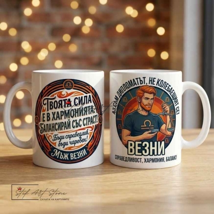 Чаша за мъж зодия Везни със стилен надпис – подарък