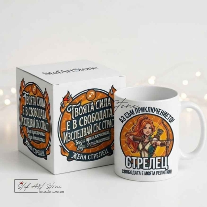 Чаша за жена Стрелец с кутия и надпис за свобода и приключения