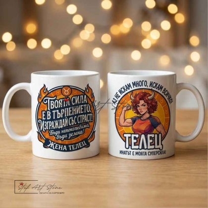 Чаша за жена Телец с кутия и надпис за инат и успех