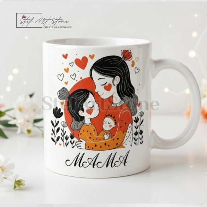 Чаша за подарък за мама с мотиви майка с деца и надпис мама в готова кутия