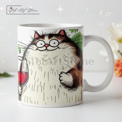 Чаша за подарък за приятелка с надпис коте и вино спокойни нерви