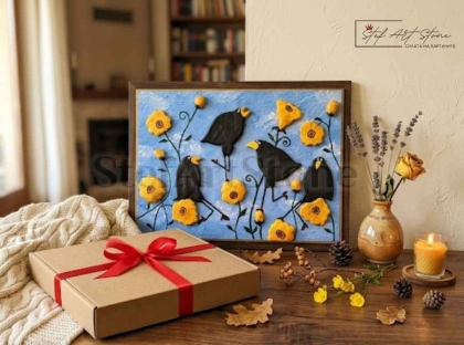 Луксозна релефна картина за подарък с птици, поставена до завършена подаръчна кутия с панделка