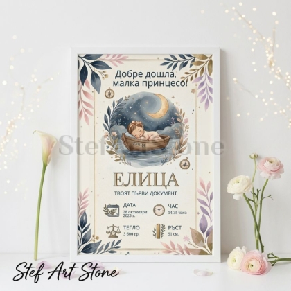 Персонализирана рамка постер за бебешка визитка с илюстрация на спящо бебе в лодка под луната и надпис Добре дошла малка принцесо