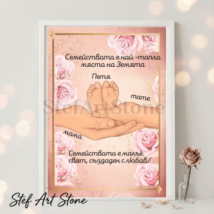 Персонализиран постер за подарък в бяла рамка с илюстрация на родителски ръце държащи бебешки крачета на розов фон с рози и имена Петя мама тате