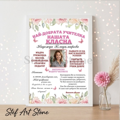 Персонализиран постер за подарък за учител в бяла рамка с дизайн на благодарствено писмо, розови рози, стихотворение и име Надежда Владимирова
