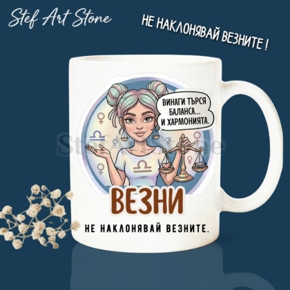 : Забавна керамична чаша за зодия Везни с комикс илюстрация на момиче с везни и надпис Везни не наклонявай везните и винаги търся баланса. •	H1 Заглавие: Забавна Чаша за Жена Везни | "Не Наклонявай Везните"