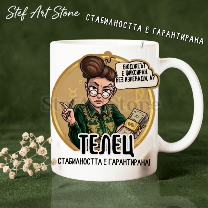 : Керамична чаша за зодия Телец по поръчка, комикс илюстрация на момиче с пачки пари и надпис Бюджетът е фиксиран без изненади а и стабилността е гарантирана, перфектна чаша за подарък за рожден ден, серия Звездни Момичета.