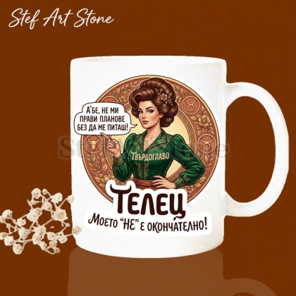 Бяла керамична чаша за зодия Телец с дизайн на жена в зелена рокля, надписи А'бе не ми прави планове без да ме питаш и Моето НЕ е окончателно, оригинална чаша за подарък