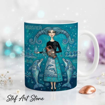 Художествена керамична чаша зодия Водолей – богиня с амфора и два делфина в наситена тюркоазена палитра, серия Богини на Зодиака, StefArt Stone