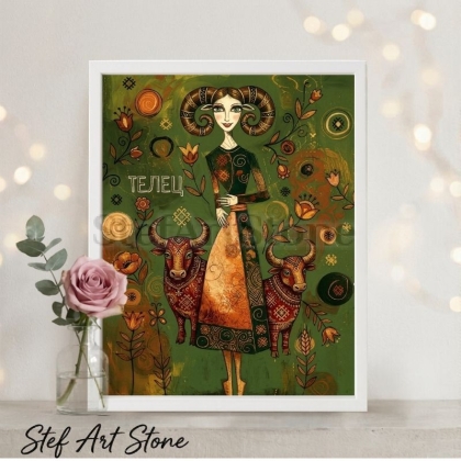: Мистична арт картина постер в рамка на зодия Телец, зелен земен дизайн, оригинален подарък за рожден ден от StefArt Stone
